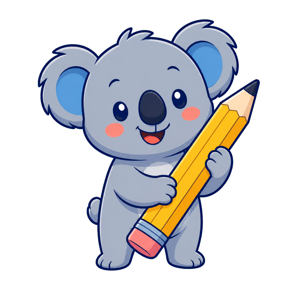 Mascotte koala KidoFiches avec un crayon