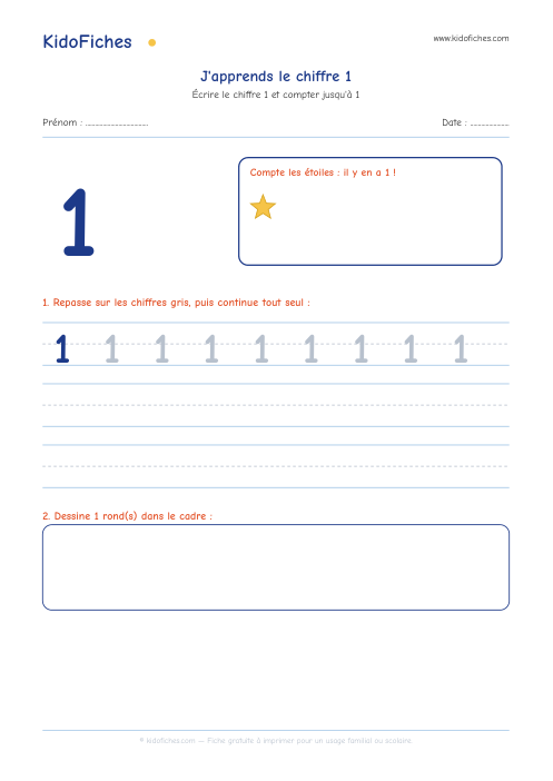 Aperçu de la fiche J'apprends le chiffre 1