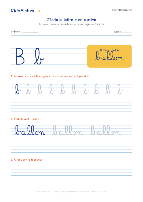 Aperçu de la fiche Écriture cursive : la lettre b