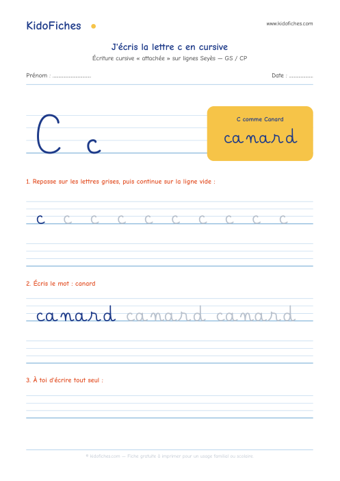 Aperçu de la fiche Écriture cursive : la lettre c