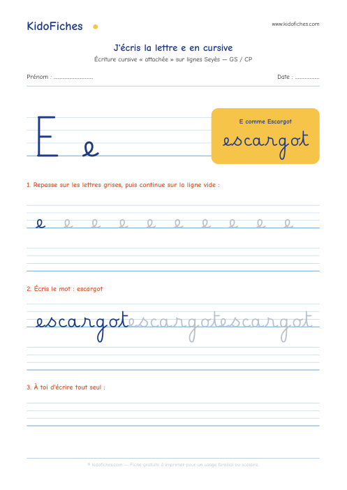 Aperçu de la fiche Écriture cursive : la lettre e