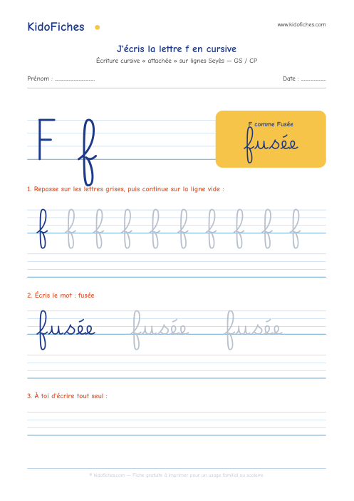 Aperçu de la fiche Écriture cursive : la lettre f