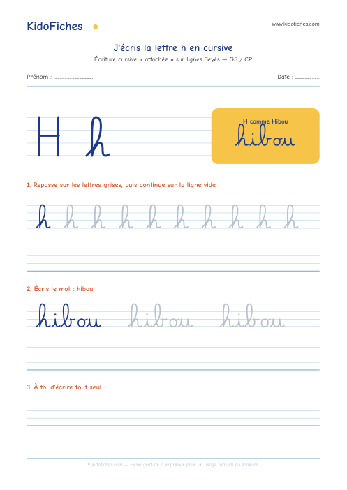 Aperçu de la fiche Écriture cursive : la lettre h