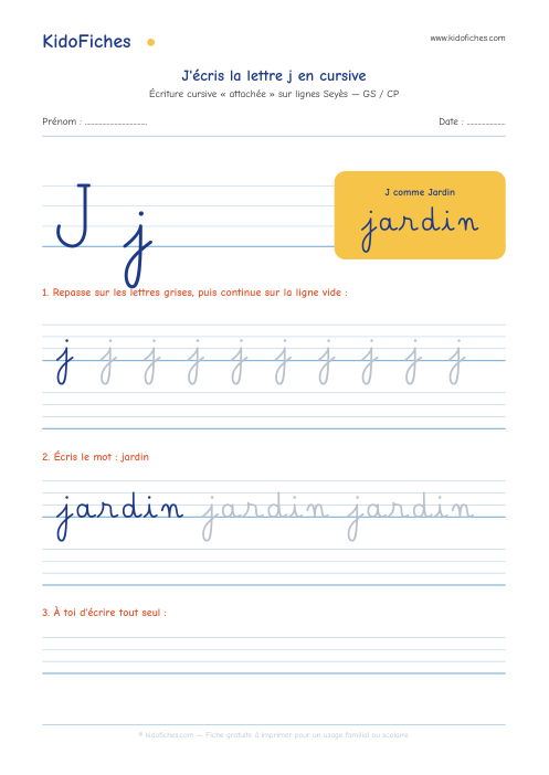 Aperçu de la fiche Écriture cursive : la lettre j