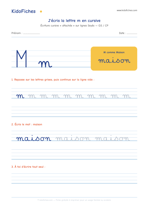 Aperçu de la fiche Écriture cursive : la lettre m