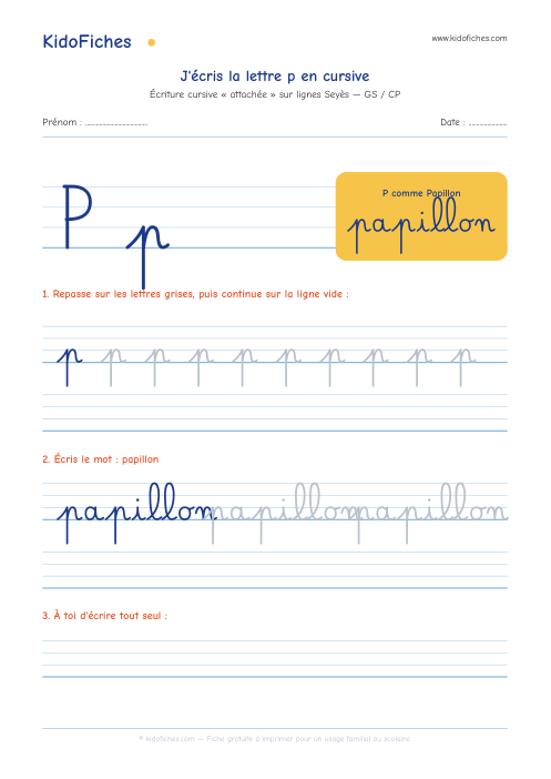 Aperçu de la fiche Écriture cursive : la lettre p