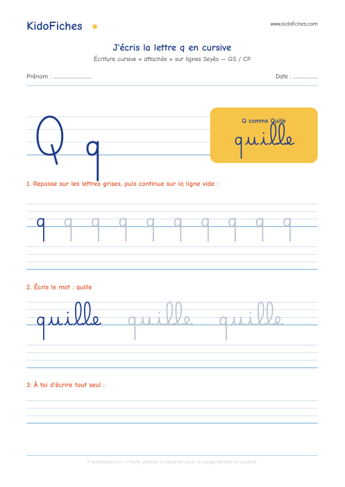 Aperçu de la fiche Écriture cursive : la lettre q