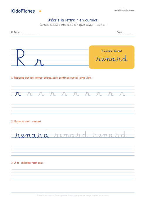 Aperçu de la fiche Écriture cursive : la lettre r