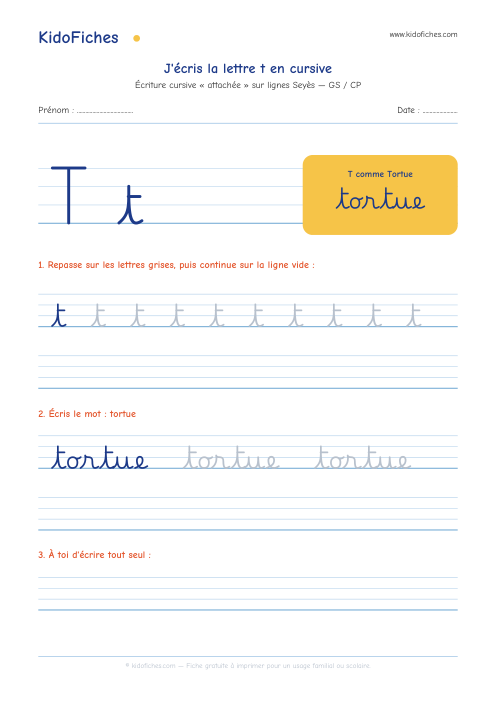 Aperçu de la fiche Écriture cursive : la lettre t