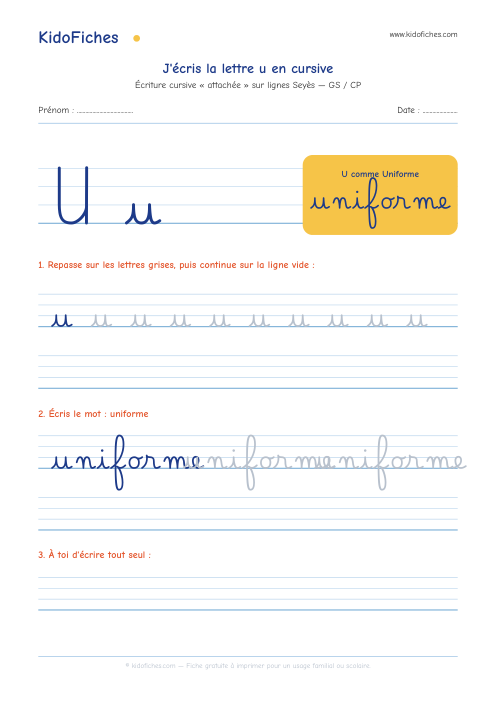 Aperçu de la fiche Écriture cursive : la lettre u