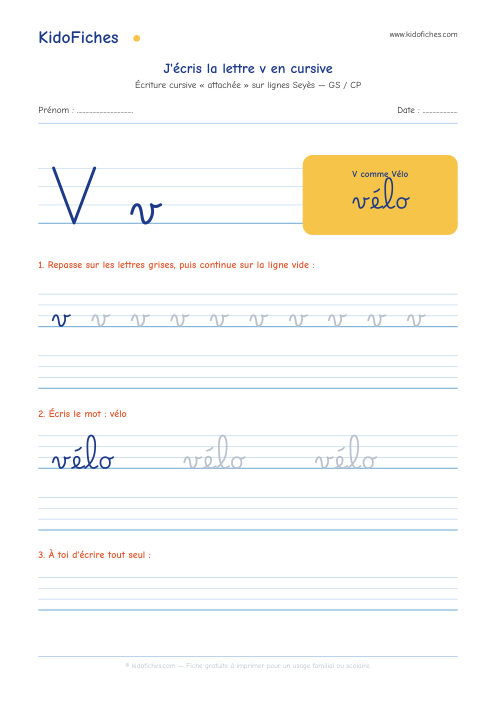 Aperçu de la fiche Écriture cursive : la lettre v
