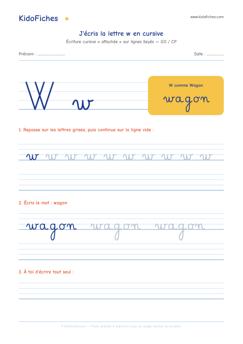 Aperçu de la fiche Écriture cursive : la lettre w
