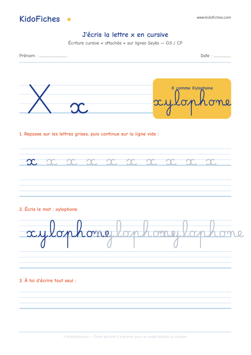 Aperçu de la fiche Écriture cursive : la lettre x