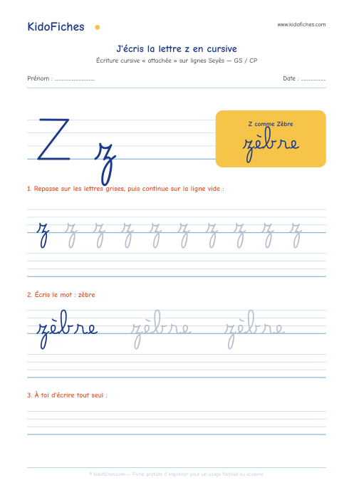 Aperçu de la fiche Écriture cursive : la lettre z