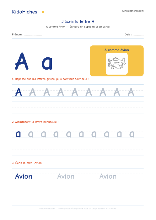 Aperçu de la fiche Écriture de la lettre A