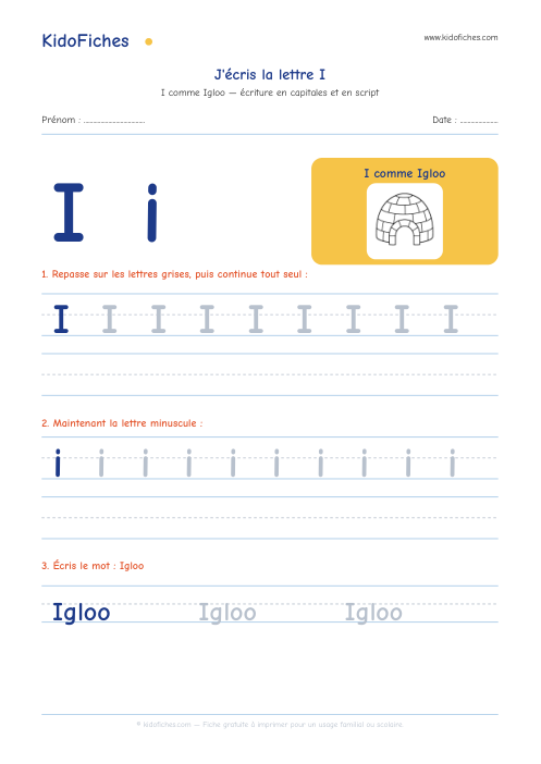 Aperçu de la fiche Écriture de la lettre I