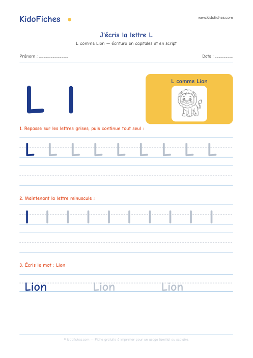 Aperçu de la fiche Écriture de la lettre L