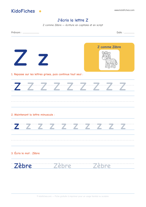 Aperçu de la fiche Écriture de la lettre Z
