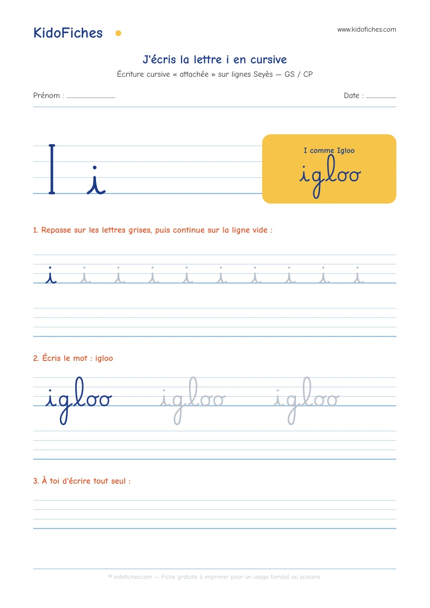 Aperçu réel de la fiche Écriture cursive : la lettre i