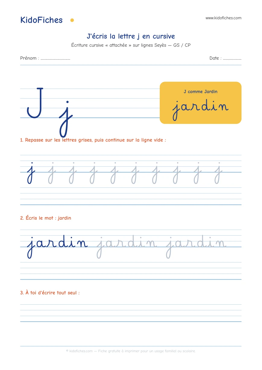 Aperçu réel de la fiche Écriture cursive : la lettre j