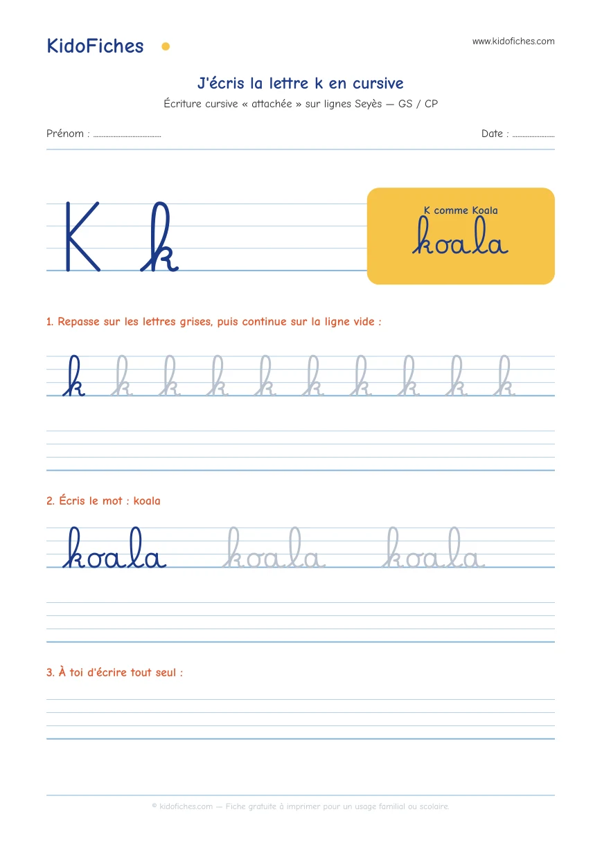 Aperçu réel de la fiche Écriture cursive : la lettre k