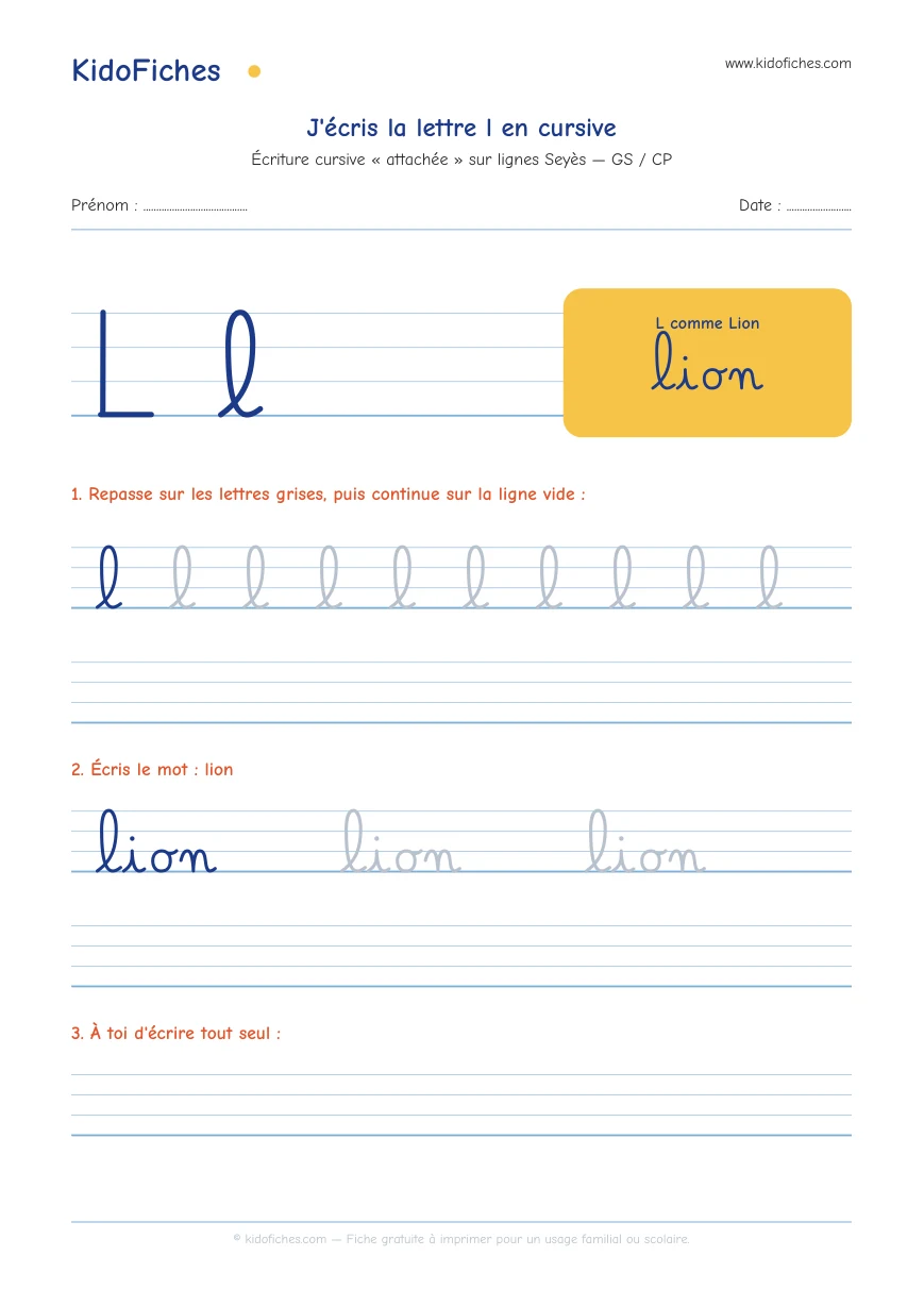 Aperçu réel de la fiche Écriture cursive : la lettre l