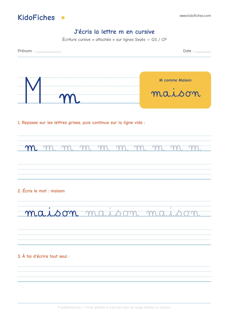 Aperçu réel de la fiche Écriture cursive : la lettre m