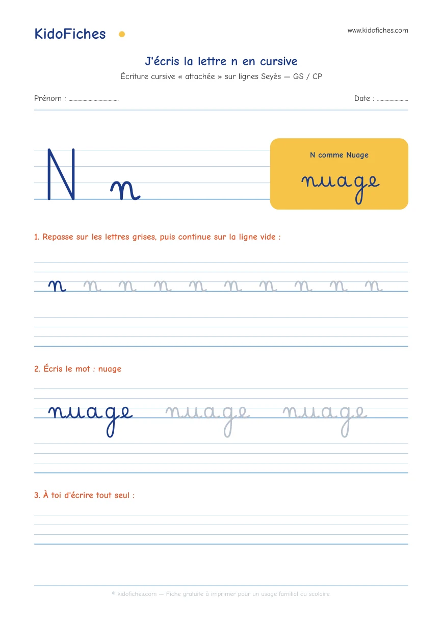 Aperçu réel de la fiche Écriture cursive : la lettre n