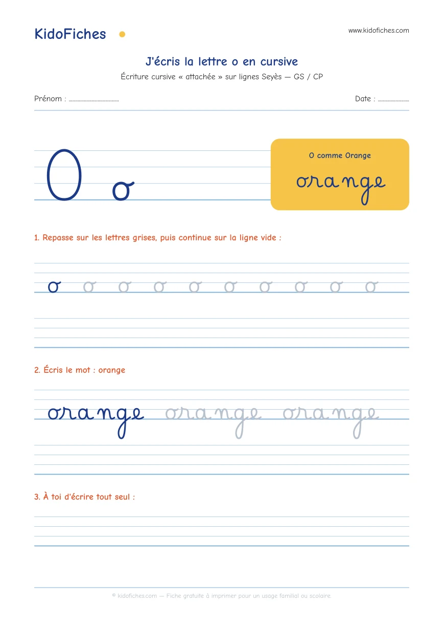 Aperçu réel de la fiche Écriture cursive : la lettre o