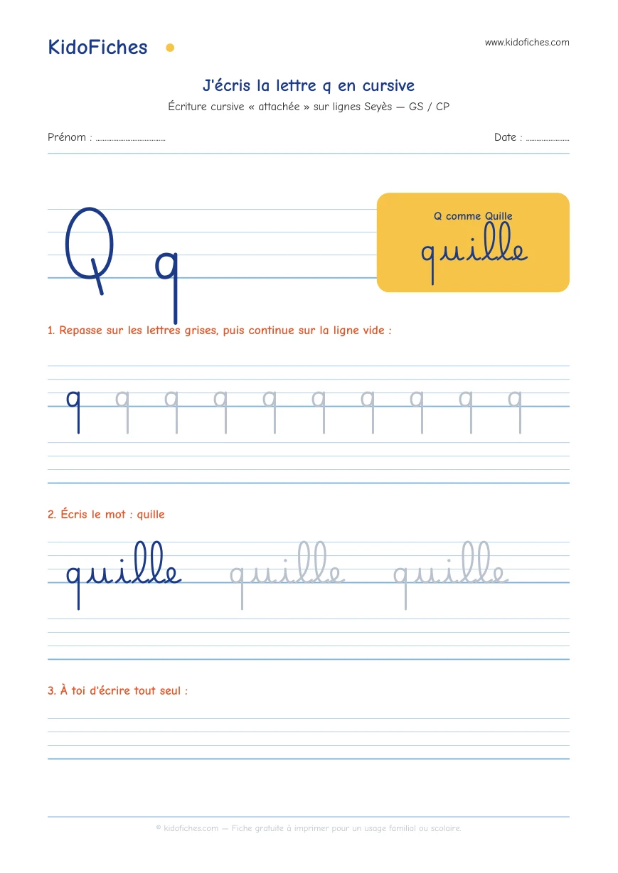 Aperçu réel de la fiche Écriture cursive : la lettre q