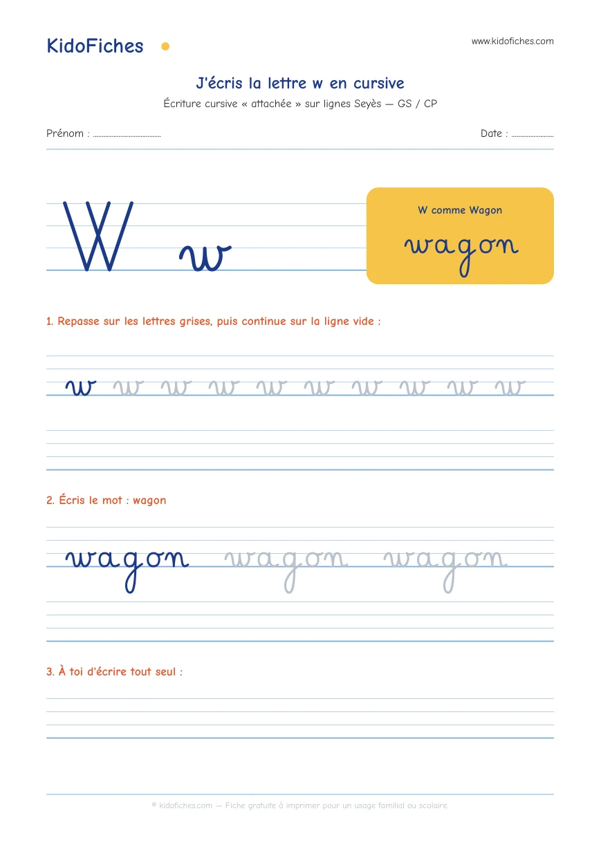 Aperçu réel de la fiche Écriture cursive : la lettre w