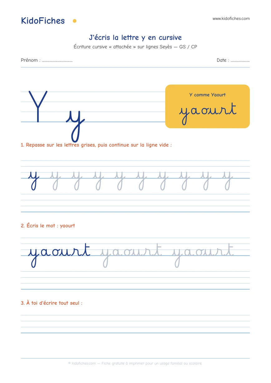 Aperçu réel de la fiche Écriture cursive : la lettre y
