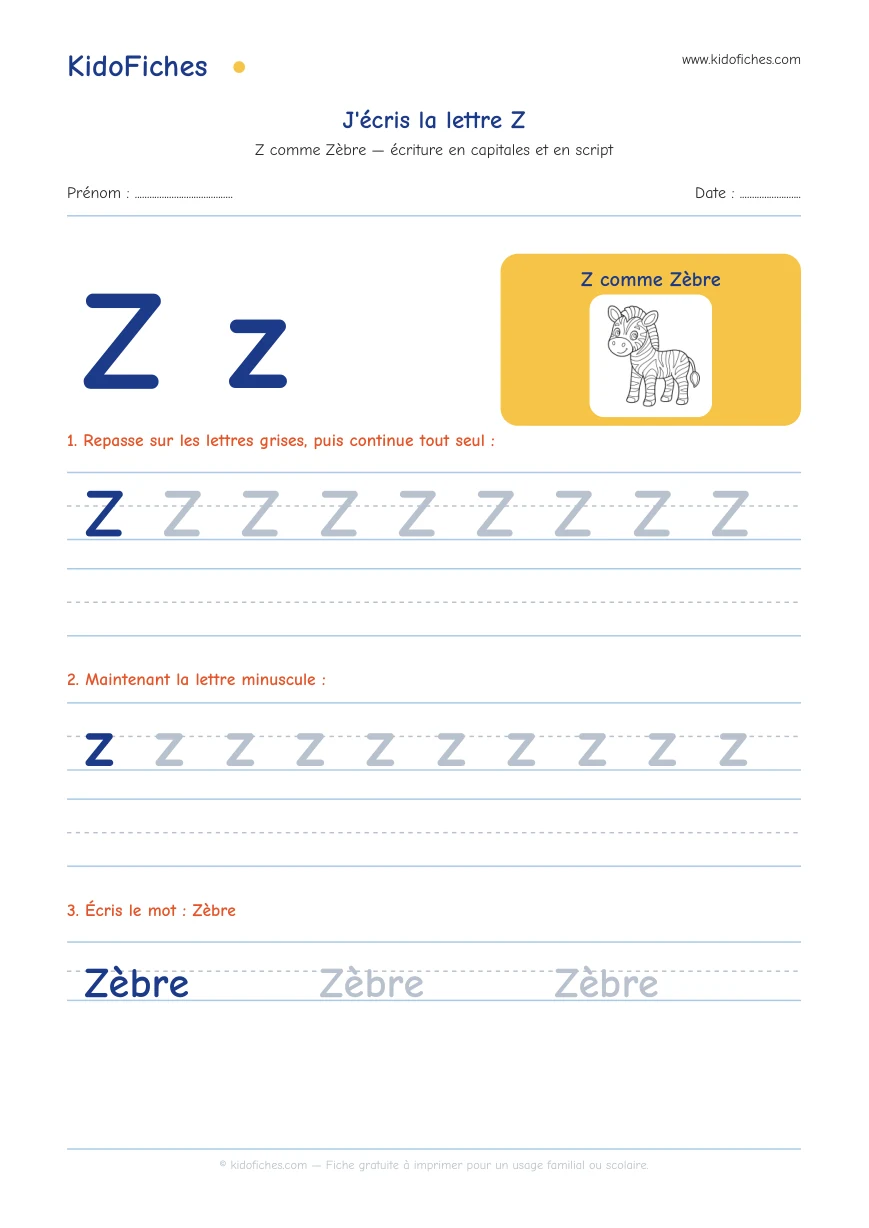 Aperçu réel de la fiche Écriture de la lettre Z