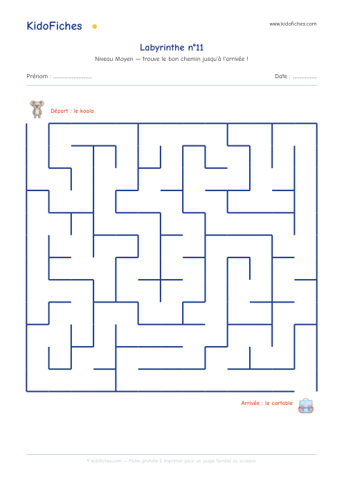 Aperçu réel de la fiche Labyrinthe n°11 (Moyen)