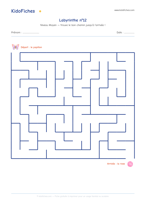 Aperçu réel de la fiche Labyrinthe n°12 (Moyen)