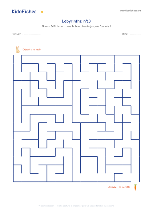 Aperçu réel de la fiche Labyrinthe n°13 (Difficile)