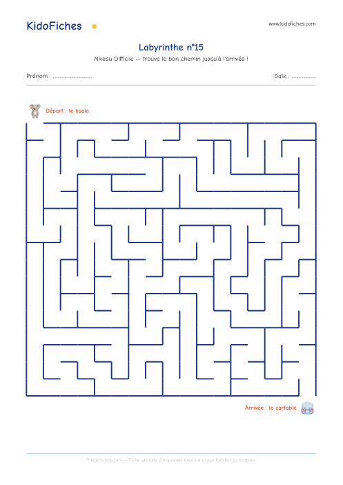 Aperçu réel de la fiche Labyrinthe n°15 (Difficile)