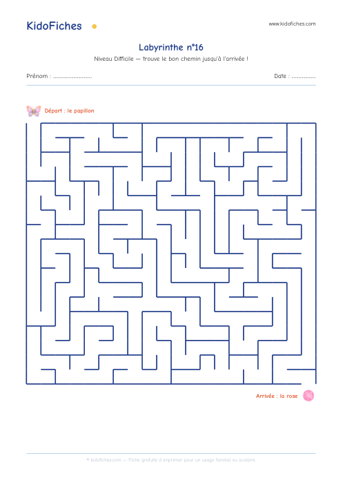 Aperçu réel de la fiche Labyrinthe n°16 (Difficile)