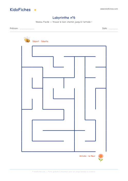 Aperçu réel de la fiche Labyrinthe n°6 (Facile)
