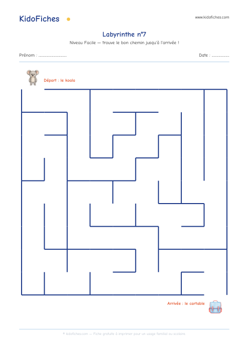 Aperçu réel de la fiche Labyrinthe n°7 (Facile)