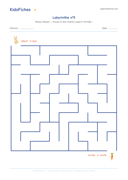 Aperçu réel de la fiche Labyrinthe n°9 (Moyen)