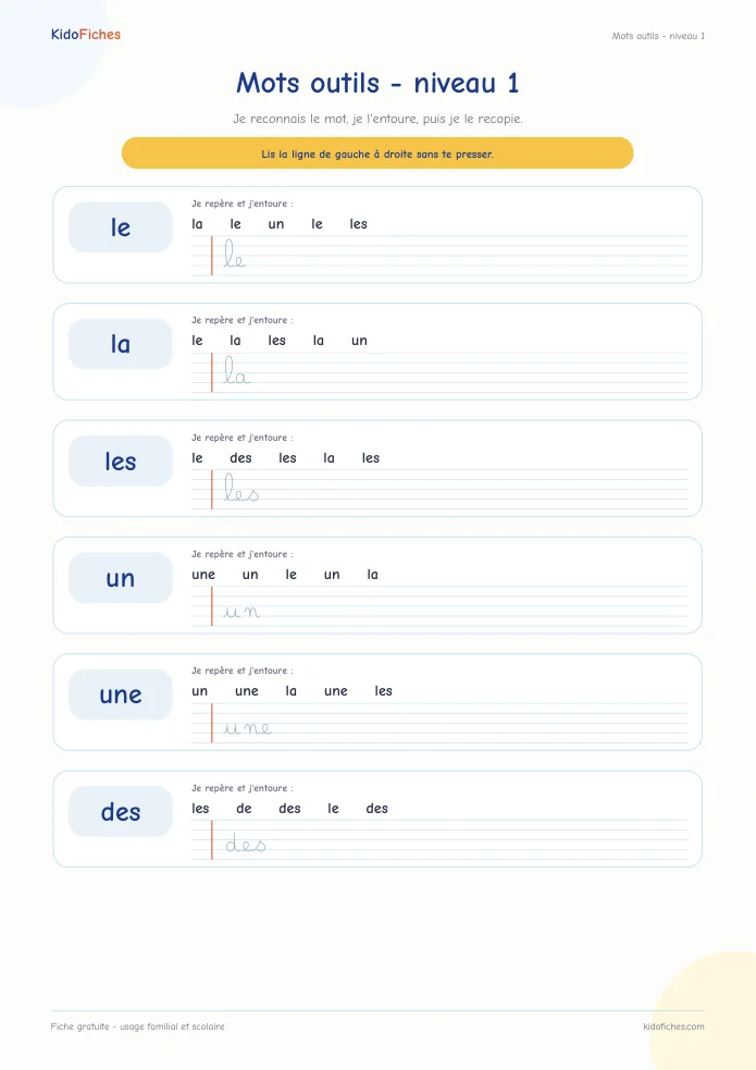 Aperçu : Mots outils à lire et recopier