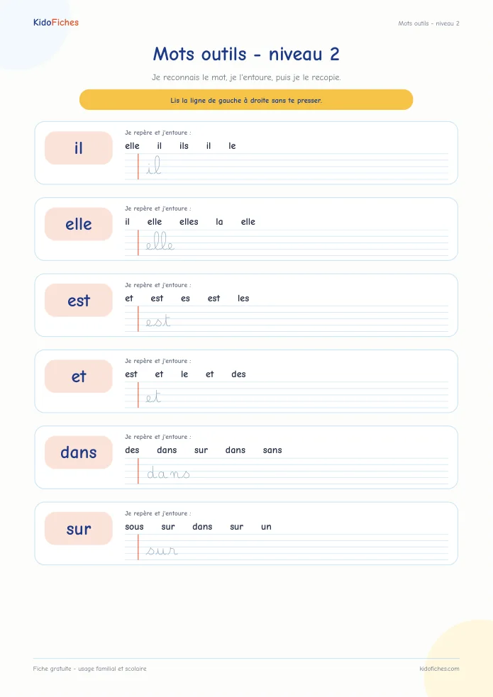 Aperçu de la fiche Mots outils - niveau 2