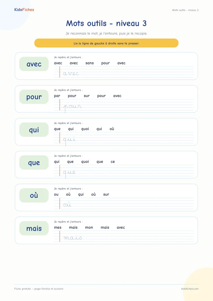 Aperçu de la fiche Mots outils - niveau 3