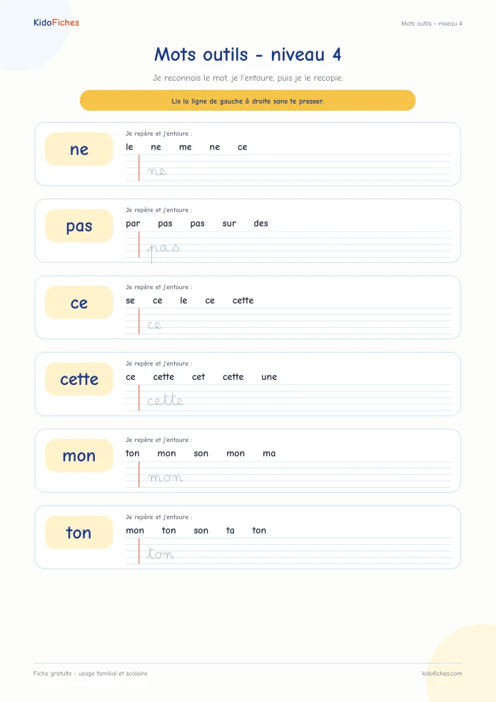 Aperçu de la fiche Mots outils - niveau 4