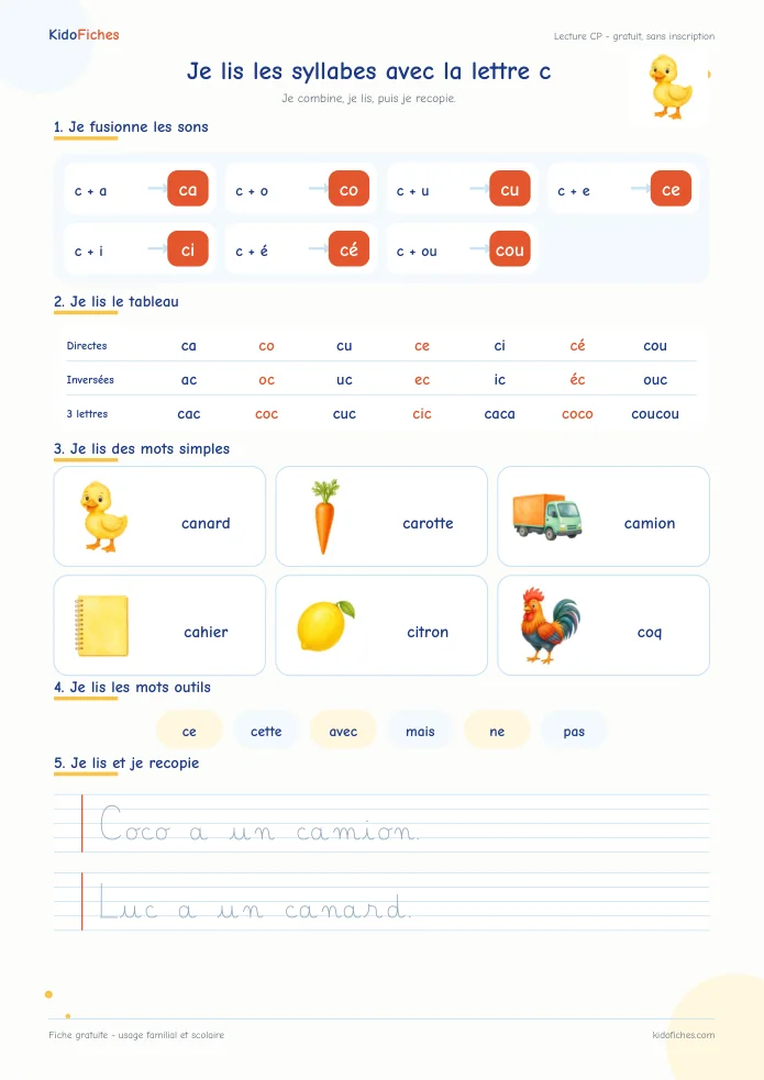 Aperçu de la fiche Je lis les syllabes avec c