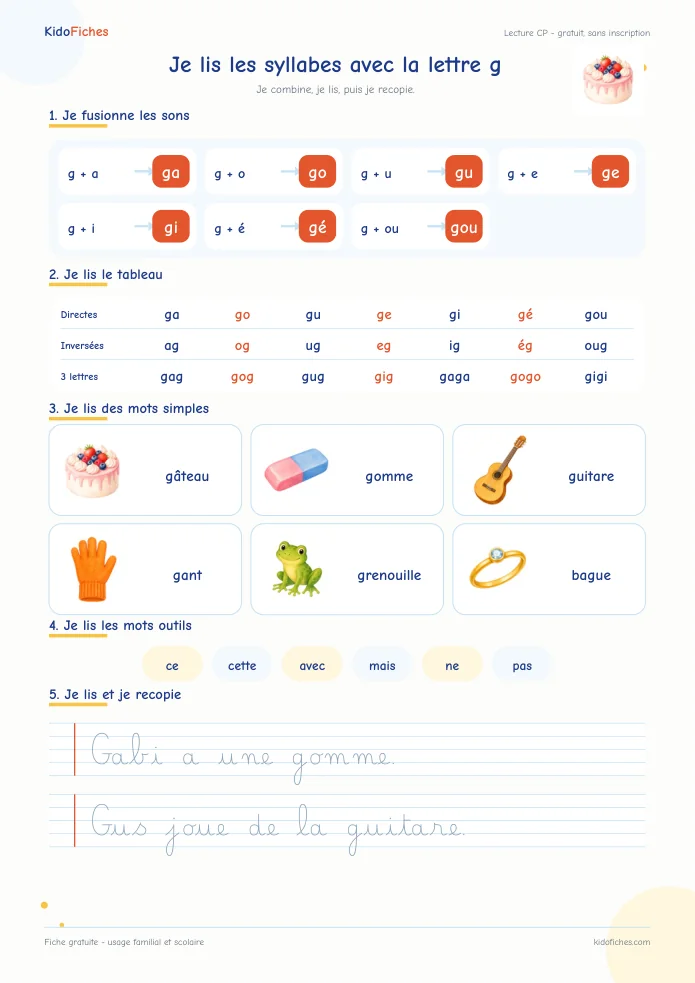 Aperçu de la fiche Je lis les syllabes avec g