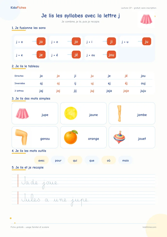 Aperçu de la fiche Je lis les syllabes avec j