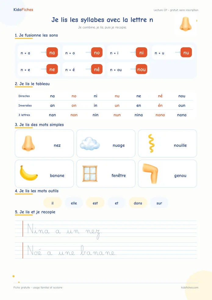 Aperçu de la fiche Je lis les syllabes avec n