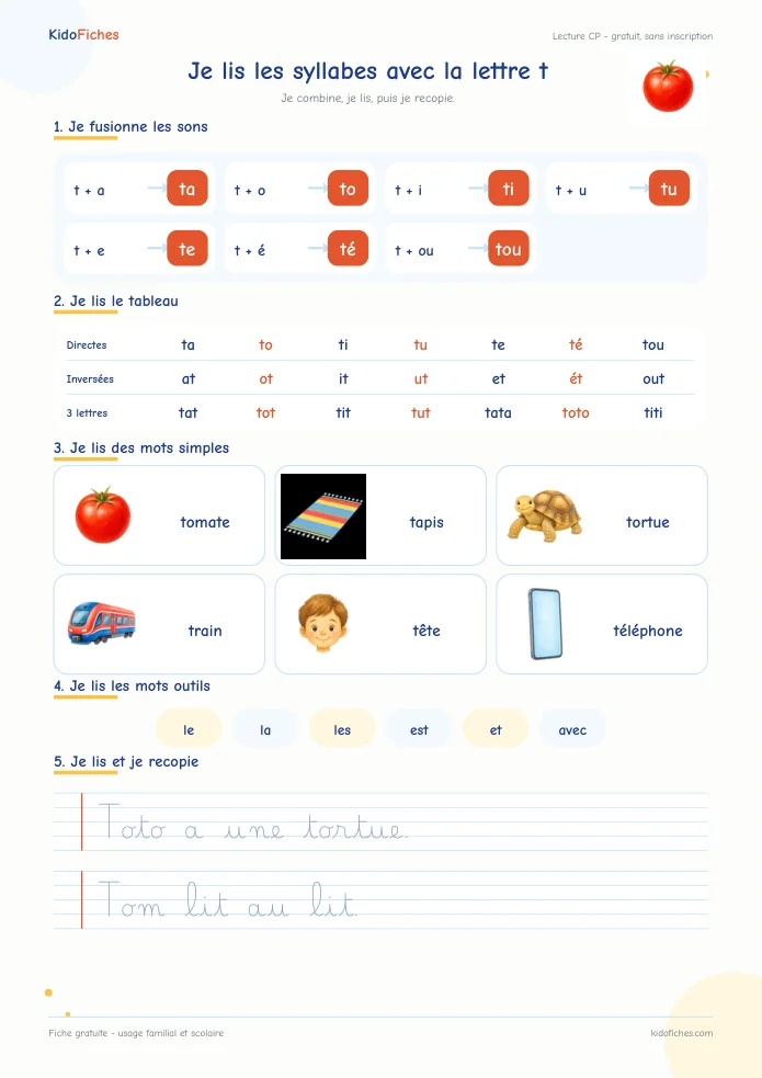Aperçu de la fiche Je lis les syllabes avec t